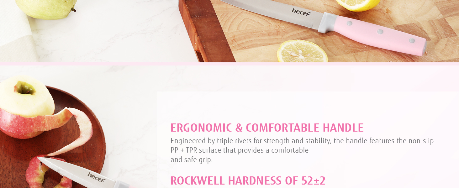 Набір ножів Hecef 14 предметів з дерев'яним блоком, професійний набір кухонних ножів з нержавіючої сталі, з ножицями/ножем для стейку/точильним інструментом (рожевий)