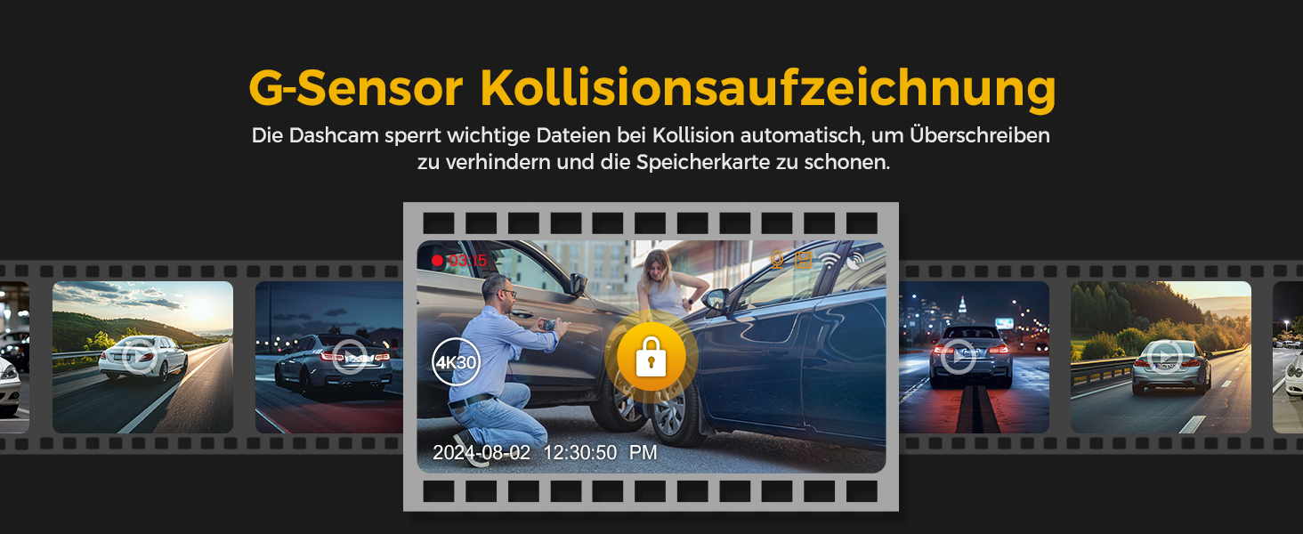 Відеореєстратор GKU Dashcam Auto: 4K+1080P, WiFi 2.4/5GHz, SD 64GB, Паркувальний режим, Нічне бачення, WDR, 170° Кут огляду, G-сенсор, Циклічна запис, Керування через APP, Чорний