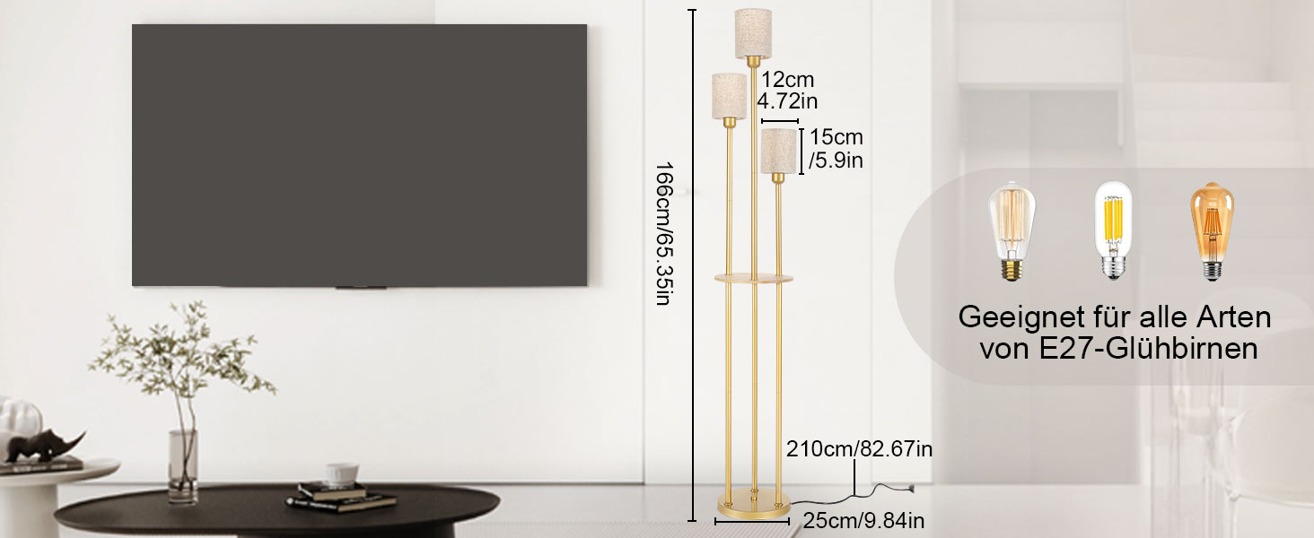 Стійка лампа Winverty для вітальні з полицею, 3 лампи, вінтажний стиль, індустріальний дизайн, E27, вимикач на нозі, абажур з льону, 1.66 м (золота)