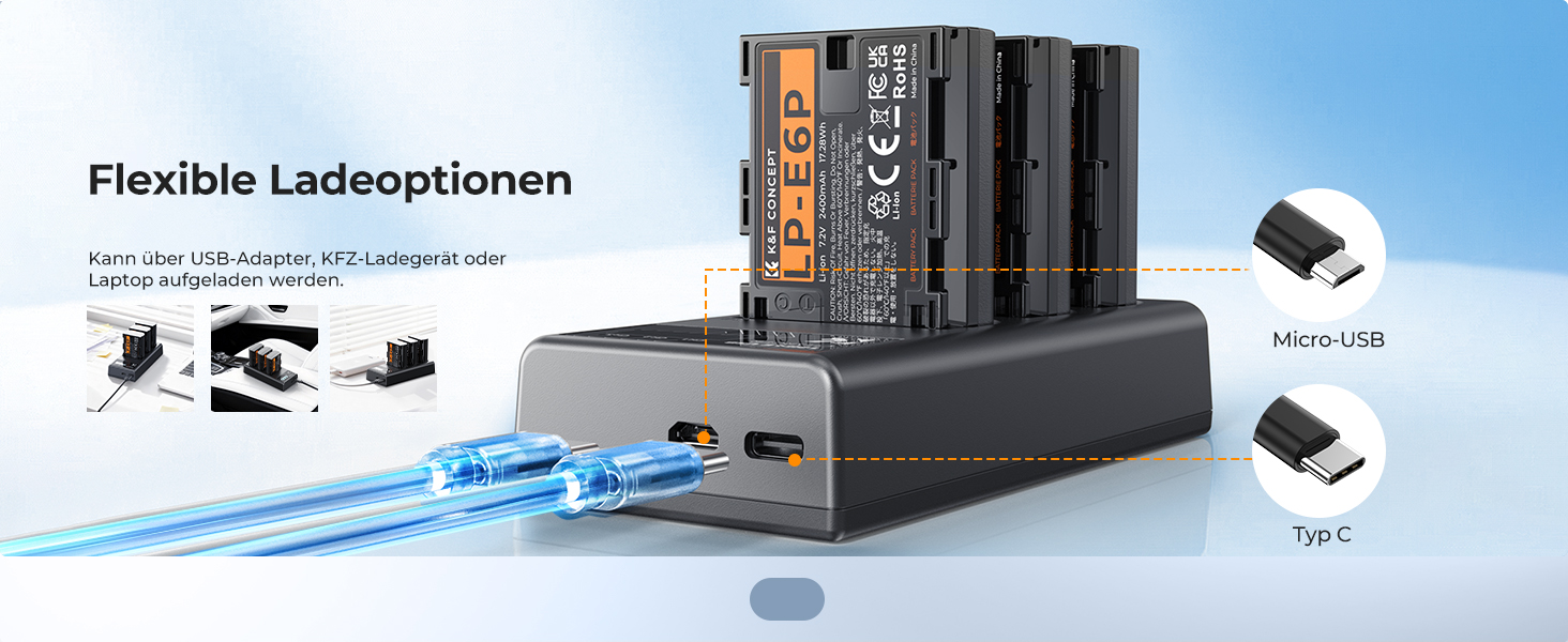 Акумулятор Canon LP-E6P (3 шт.) K&F Concept + Зарядний пристрій на 3 слоти, 2400mAh для Canon EOS R5, R6, R7, 5D Mark IV