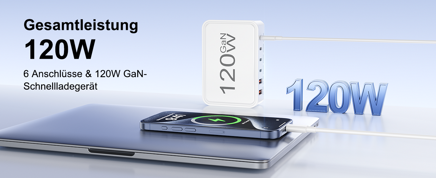 Зарядний пристрій USB-C 120W, 6 портів (4x USB-C, 2x USB-A) PD 3.0, швидка зарядка для iPhone 16/15/14 Pro/Pro Max, iPad – портативний адаптер живлення