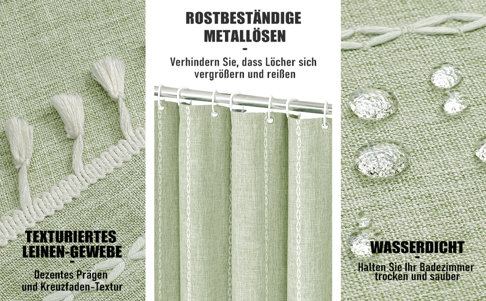 Шторка для душу BTTN 182 x 200 см, Бохо Ферма, важка тканина з рустикальним дизайном та бахромою, Водостійка, з 12 гачками, (Зелений, смугастий, H200 x B180 см (1 шт))
