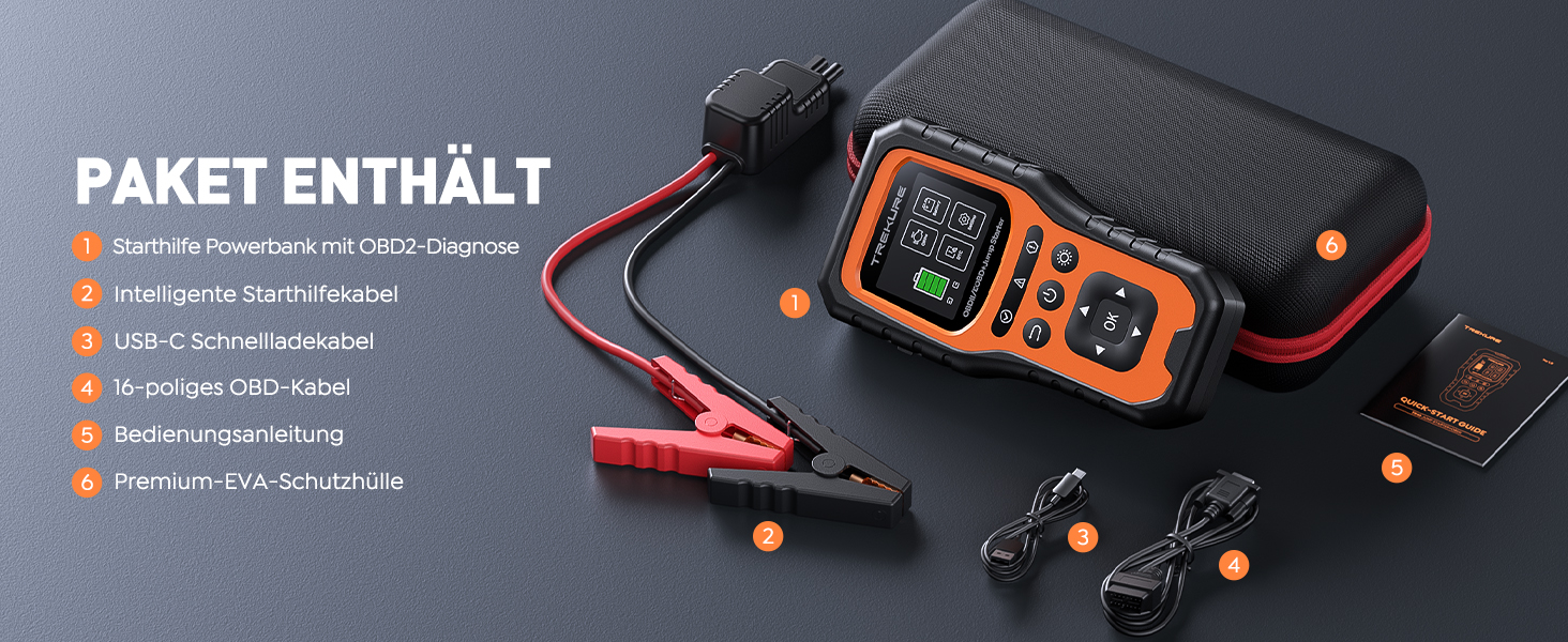 Портативний пусковий пристрій TREKURE 6000A з OBD2 діагностикою та тестом акумулятора, 12V, для бензинових та дизельних авто до 10л, з LED-ліхтариком та вогнезахистом V0