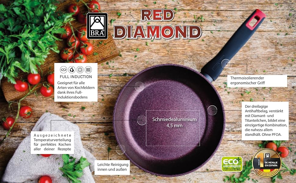 BRA Red Diamond: Набір сковорідок з 3 шт. (18-22-26 см), антипригарне покриття, з алмазним та титановим покриттям, для всіх типів плит, включаючи індукційні, PFOA-free