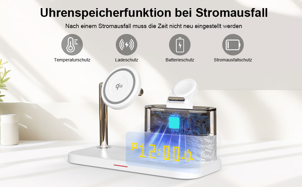 5-в-1 Бездротова зарядна станція з годинником та нічником для iPhone 17/16/15/14/13/12 Pro Max, Apple Watch, AirPods - 33W адаптер, білий
