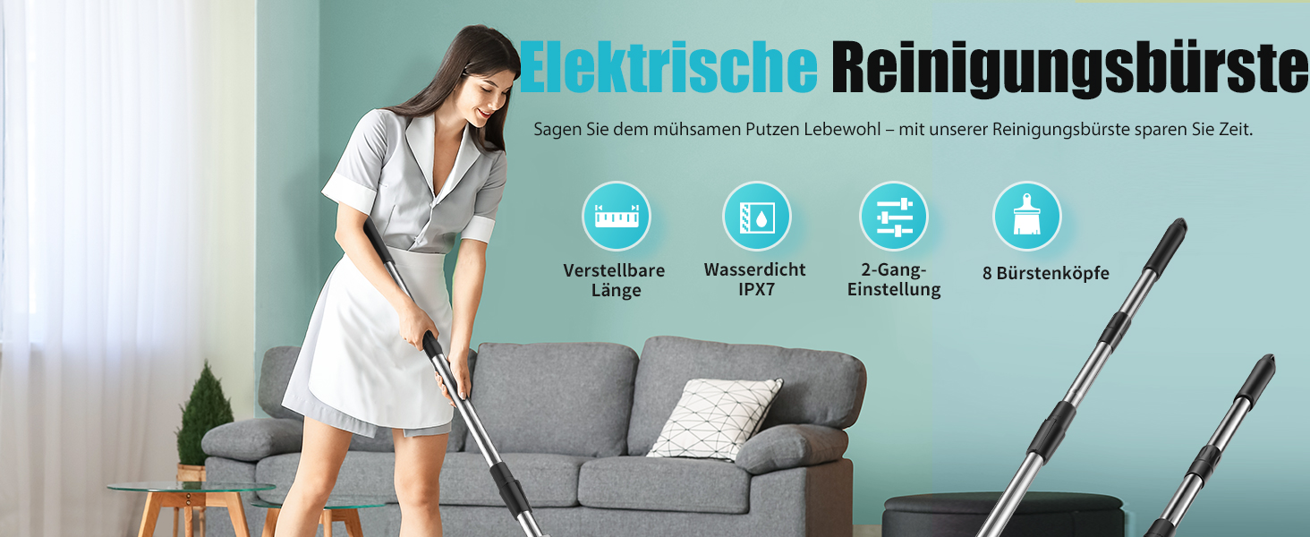 Електрична щітка для прибирання YKYI, Spin Scrubber з 8 насадок, водонепроникна IPX7, для ванної, підлоги, кухні, білий (сірий)