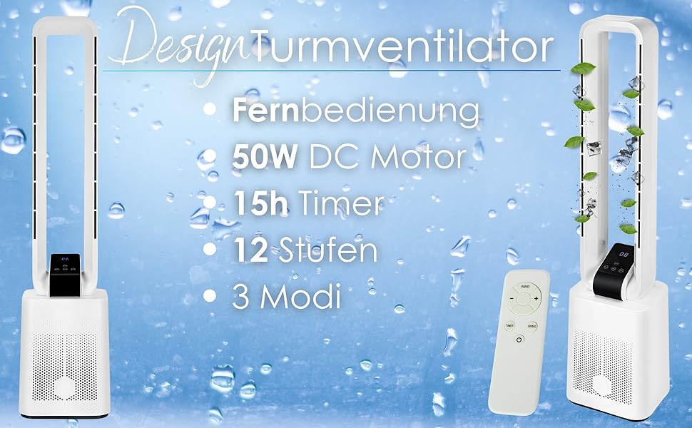 Тиха та потужна колонка-вентилятор Tower Fan з дистанційним керуванням, LED-дисплеєм, 3 режимами та таймером 15 годин (Granada White)