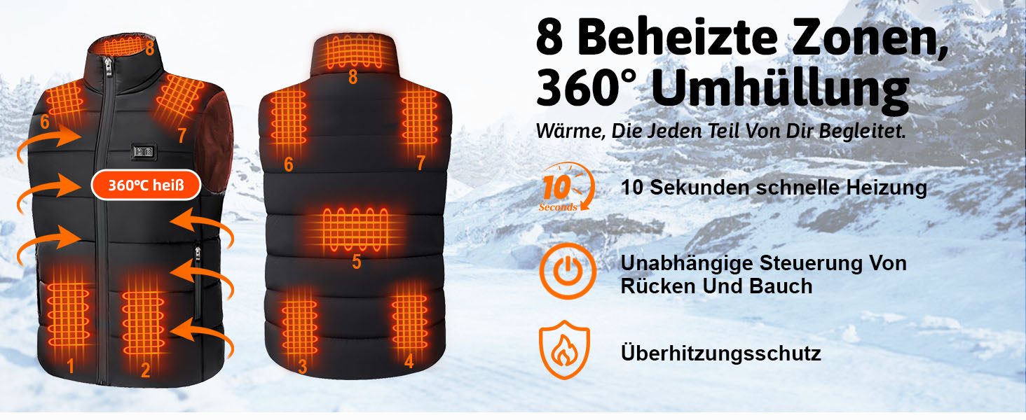 Обогріваючий жилет для чоловіків та жінок з 8 зонами обігріву та 3 рівнями нагріву, акумулятор 16000mAh, вітронепроникний, швидко гріє