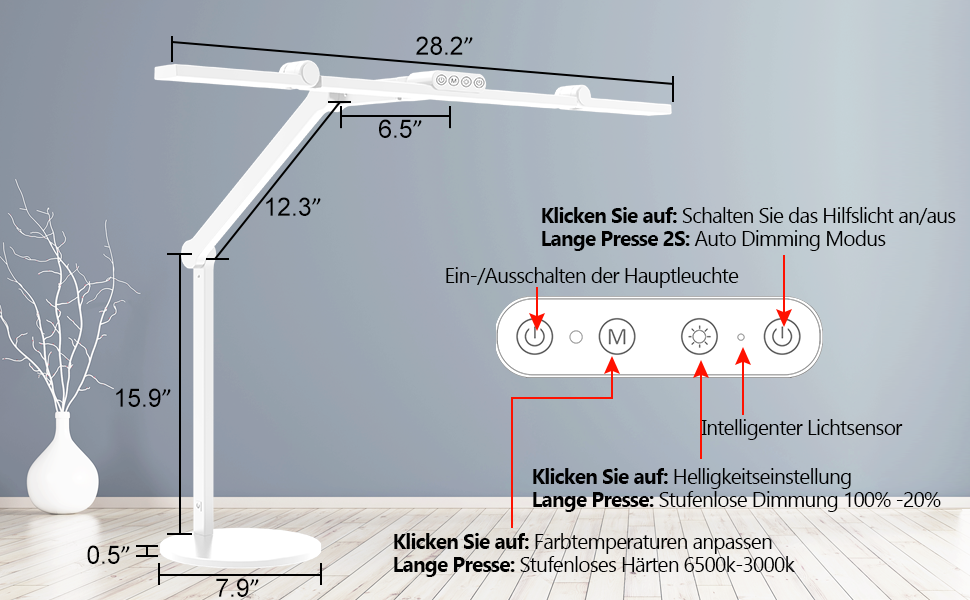 LED лампа настільна 72 см з регулюванням яскравості, денне світло, поворотна, для офісу та дому, автоматична лампа для роботи та малювання, білий колір