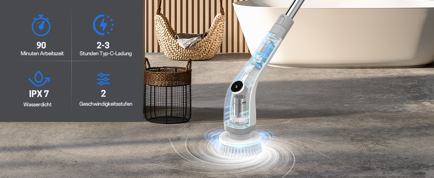 Електрична щітка для прибирання ванної кімнати, 7 в 1, з набором насадок, LED-дисплей, регульована ручка, IPX7, білий