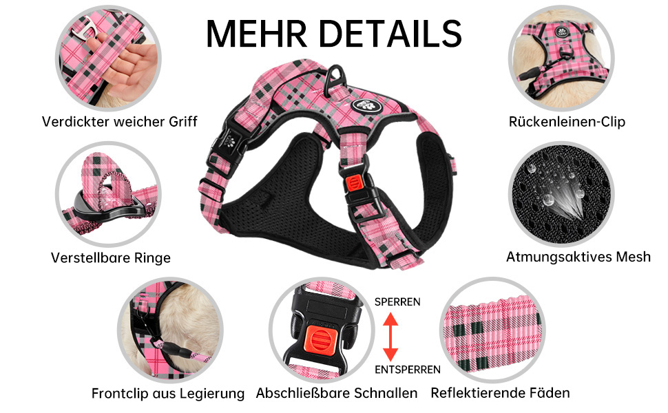Шлейка для собак середнього розміру NESTROAD, розмір M, анти-тягнуча, з гамаком, безпечна, для собак, середній розмір, обхват шиї 33~43 см, обхват грудей 43~64 см, з підкладкою, рожевий принт