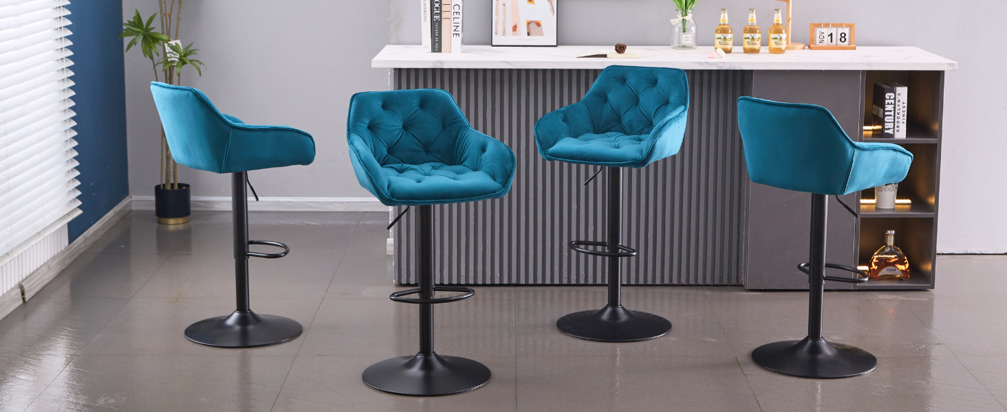 JaHECOME Adjustable Velvet Bar Stools (Set of 2) - Backrest, Kitchen Counter Height, Teal