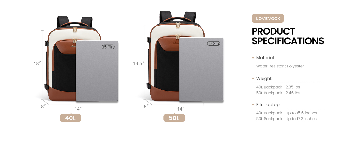 LOVEVOOK Рюкзак для ручної поклажі, 40L, для жінок, валіза-рюкзак з відділенням для ноутбука, водонепроникний, для подорожей, ділових поїздок, вихідних, Khaki-beige