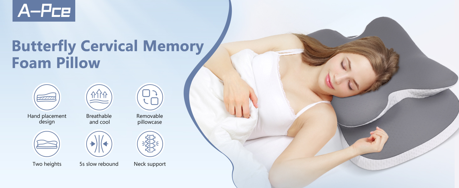 Подушка для шиї з піни Memory Foam A-Pce: ергономічна подушка для сну на боці, спині та животі, знімний дихаючий чохол - сіро-чорний 65x39x14 см