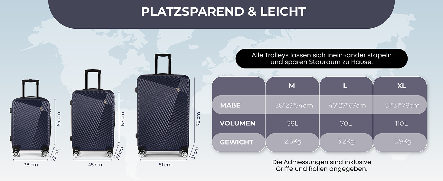 Набір валіз xRace 3-частинний ABS, 20/24/28 дюймів, ручна поклажа, TSA замок, 360° колеса, стійкий до ударів, з преміум підкладкою (Морська блакить)