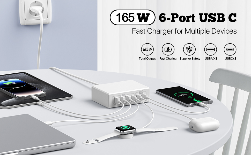 Зарядний пристрій USB-C 120W GaN, 6 портів, для iPhone/Samsung/Google/планшетів, білий