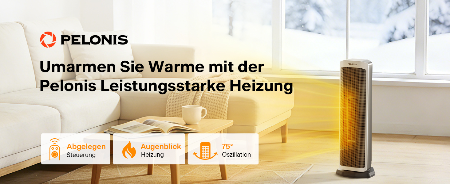 Електричний обігрівач PELONIS 2000W з пульт, 3S Швидкий нагрів, ECO режим, 75° коливання, термостат (5-35°C), таймер 8h, тиха керамічна панель, білий, 59см