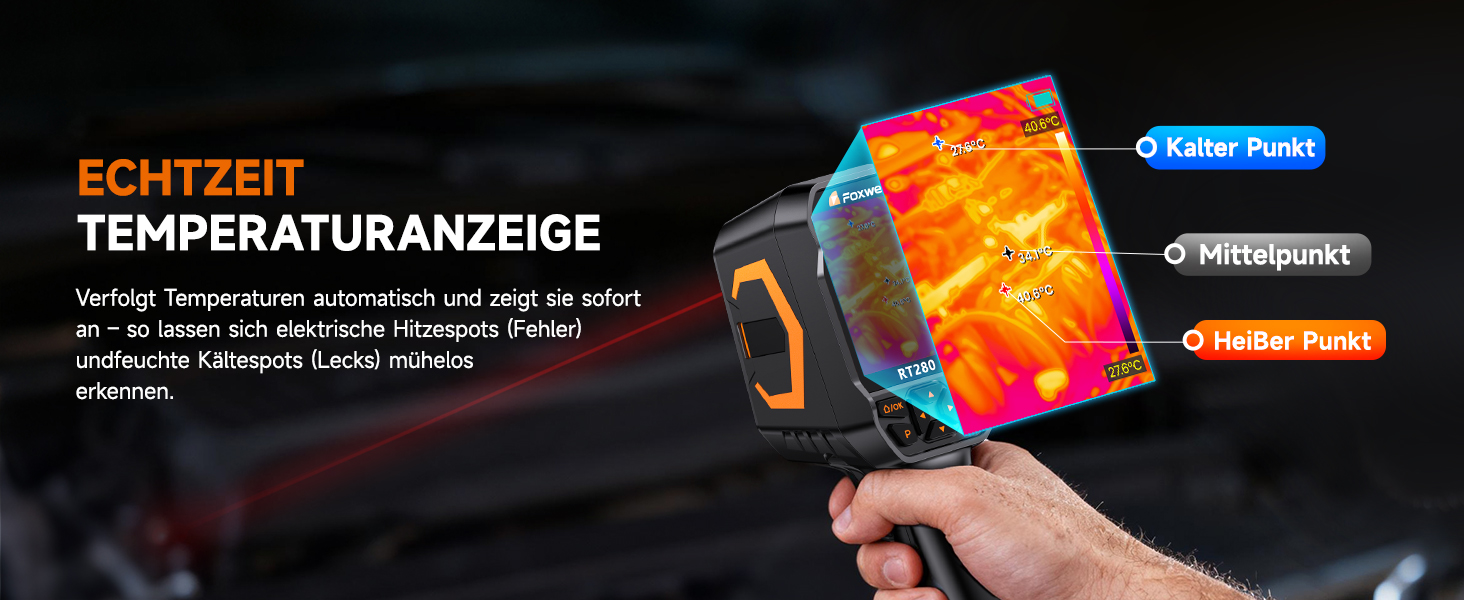 Тепловізор FOXWELL RT280: Портативна інфрачервона камера з LCD-екраном 2.8', роздільна здатність 320x240, діапазон температур -20°C до 550°C, 8GB пам'яті, функція PC-аналізу та відеозапису