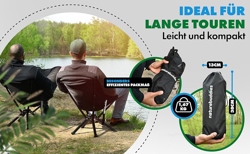 Крісло для кемпінгу Nature Buddies® Faltbar: Легке, компактне, складне (до 150 кг) | Стілець для риболовлі, відпочинку на природі, фестивалів