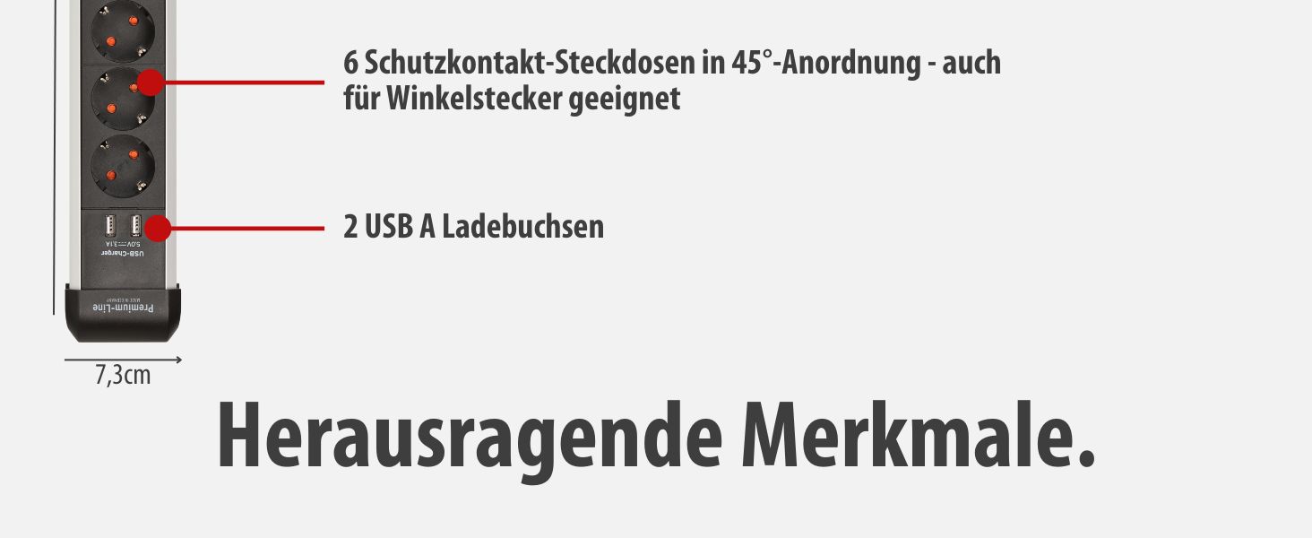 Мережевий фільтр Brennenstuhl Premium-Alu-Line на 6 розеток з USB (3.1A), 3м, алюмінієвий корпус, з вимикачем, Made in Germany