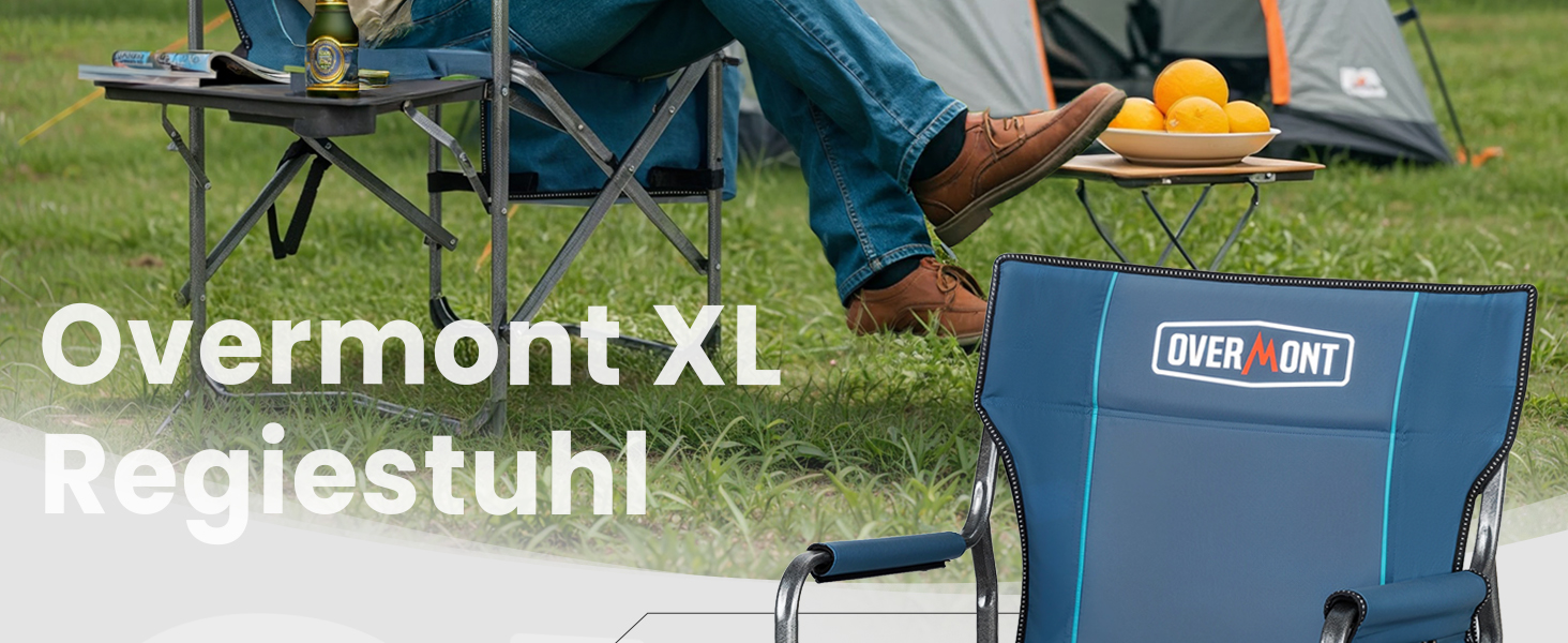 Кемпінговий стілець OVERMONT складний з бічним столиком та охолоджувальною сумкою, до 180 кг - блакитно-сірий