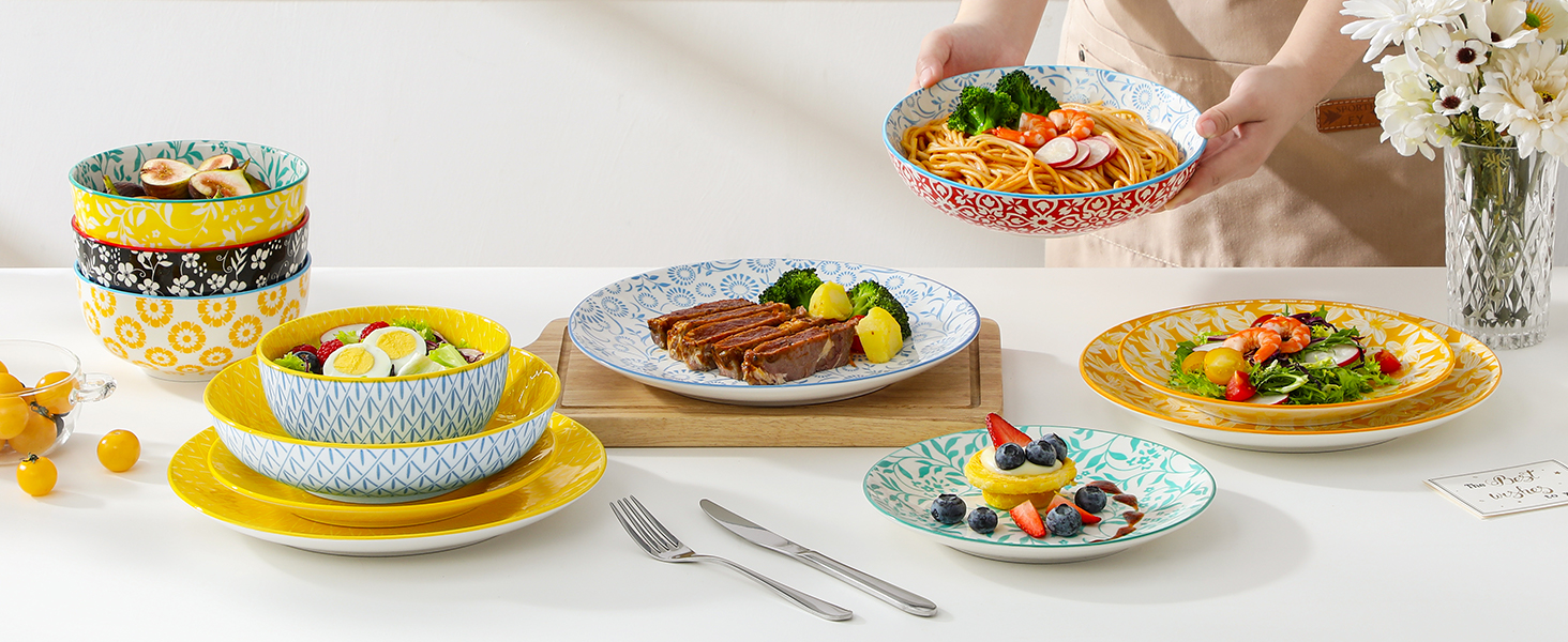 Набір посуду Vancasso Selene на 6 осіб, 24 елементи: тарілки, супові тарілки, миски, десертні тарілки з пастельного порцеляну. Підходить для мікрохвильової печі.