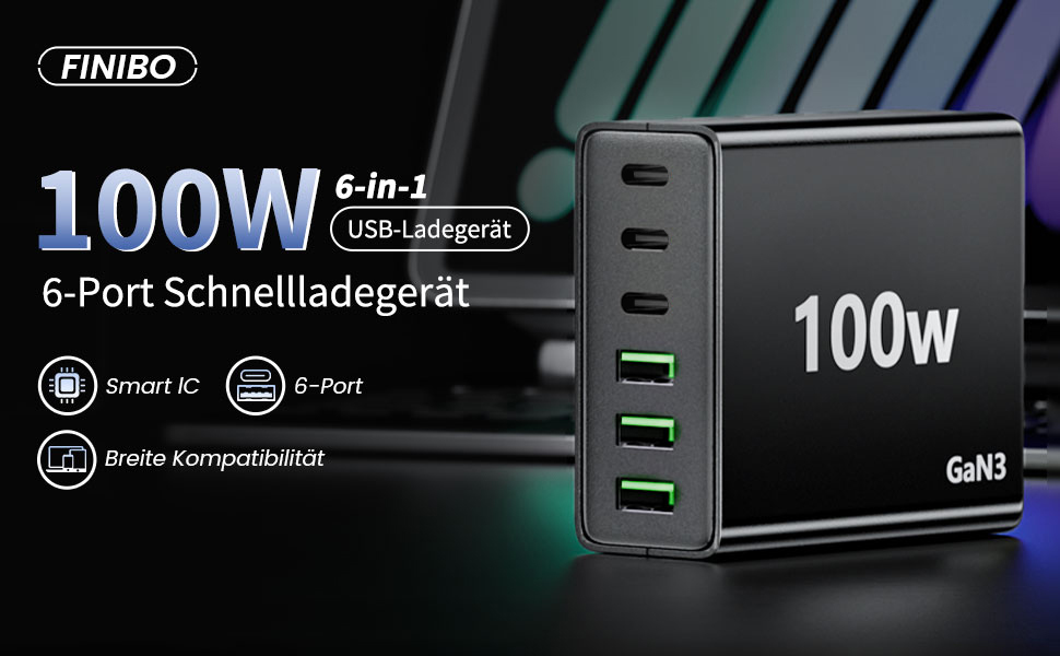 Багатопортовий зарядний пристрій HSSNS USB-C: 100W, 6 портів, швидка зарядка, USB-C та USB-A, для iPad, iPhone та смартфонів, чорний