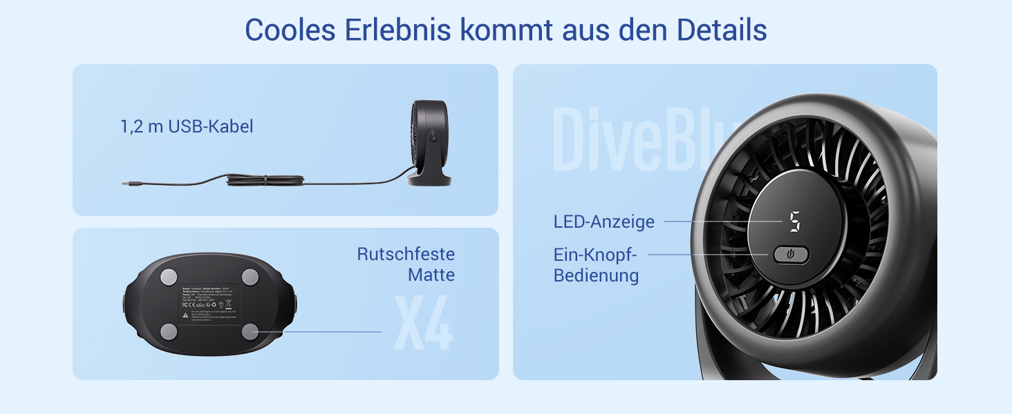 USB Turbo вентилятор для столу Diveblues TurboBreeze Klassisch: тихий, потужний, з LED-дисплеєм, 5 швидкостей, 360° обертання, портативний для дому, офісу та відпочинку – чорний