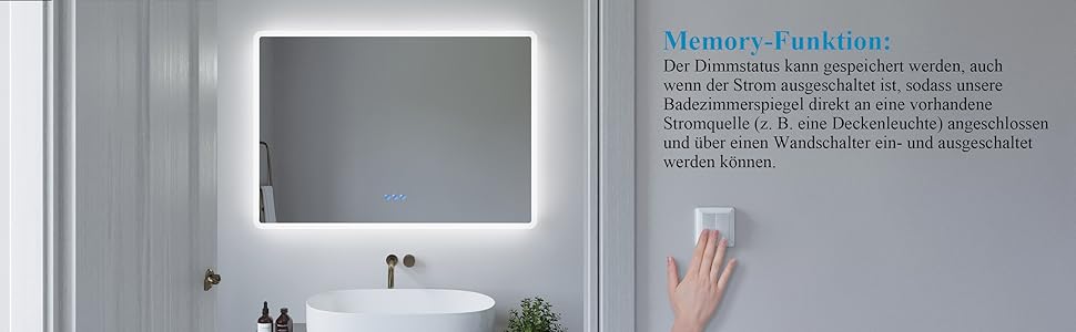 Дзеркало для ванної кімнати AQUABATOS з підсвічуванням 100x70 см LED, антизапарник, сенсорне управління, 3 кольори світла, регулювання яскравості, для настінної установки