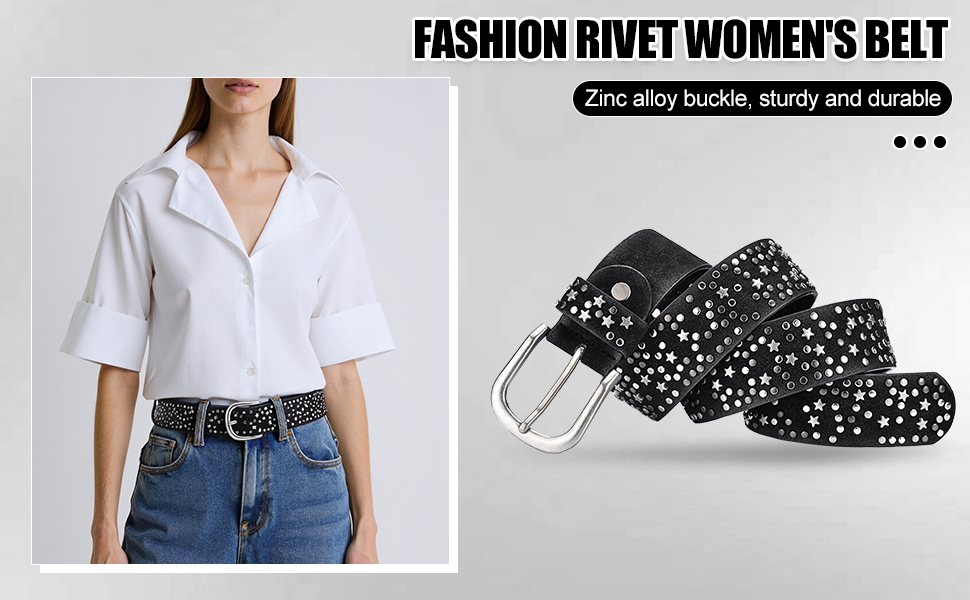 Жіночий шкіряний ремінь 110 см з зірковими заклепками, ширина 3.8 см, для джинсів, суконь, штанів та шортів, регульований, вінтажний, з металевою пряжкою, чорний