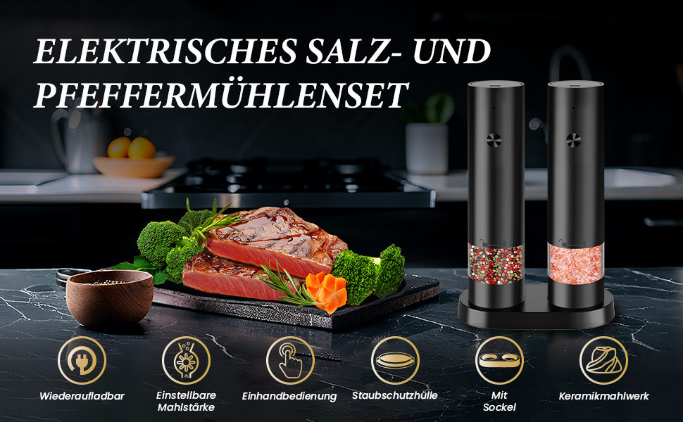Електричні мельниці для солі та перцю 2 в 1, USB, регулювання помелу, з основою, для спецій, BBQ, кухня