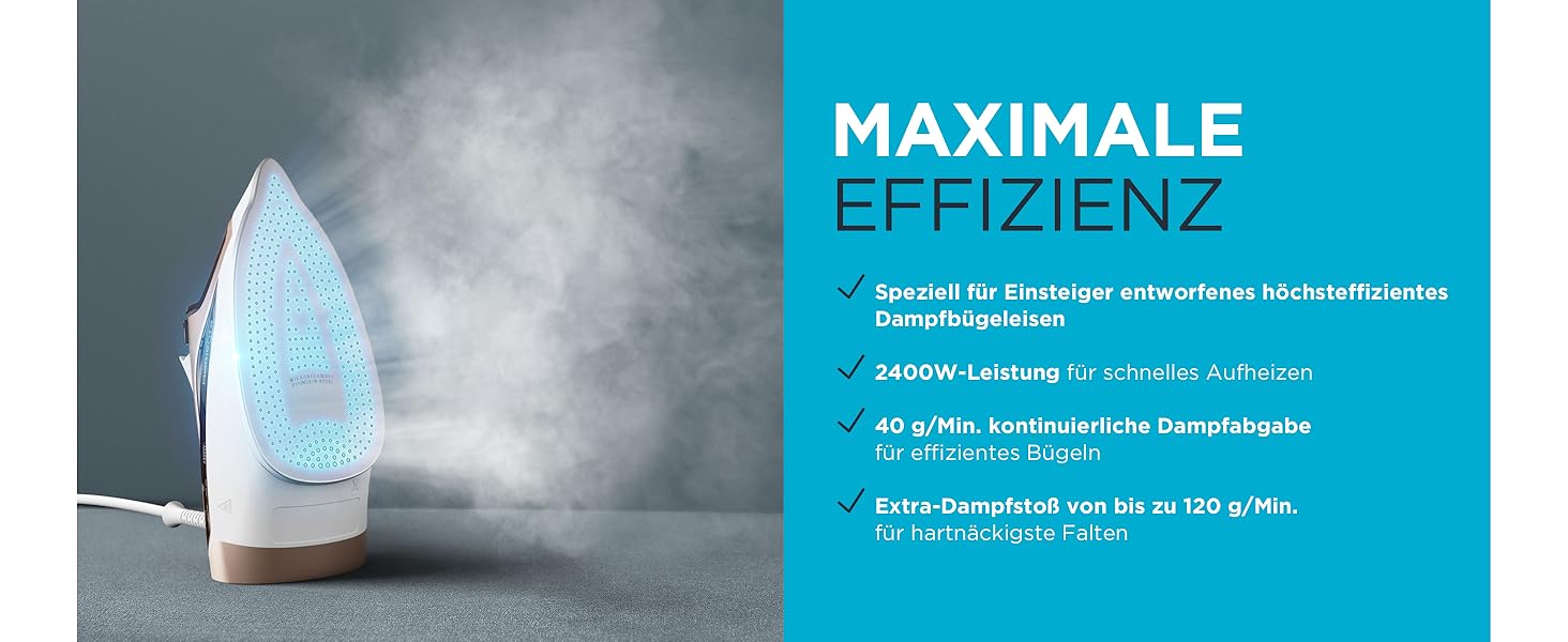 Праска Rowenta Effective+ з парою, 2400 Вт, 120 г/хв (паровий удар), 40 г/хв (постійна подача пари), Antikalk-система, розподіл пари, антинакип, керамічна підошва, мідно-білий, DX1635