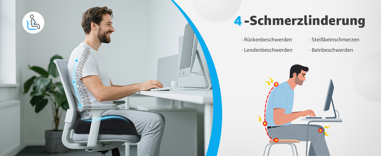 Ортопедична подушка для сидіння BRO Extra Großes з чохлом Ice Silk, Memory Foam. Ергономічна подушка для підтримки куприка для офісного крісла, авто та інвалідного візка.