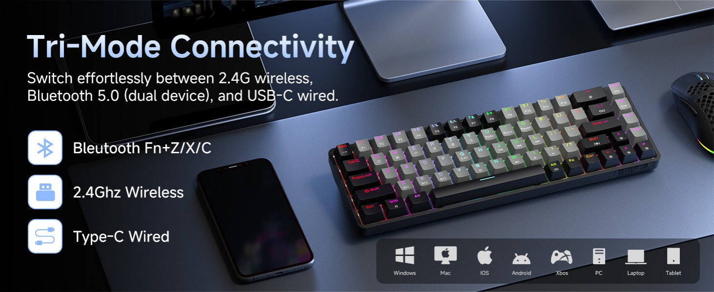 Dierya DK68 - Бездротова ігрова клавіатура з RGB підсвічуванням (68 клавіш, механічний, Linear Red Switch, QWERTY, Bluetooth/2.4GHz/USB-C)