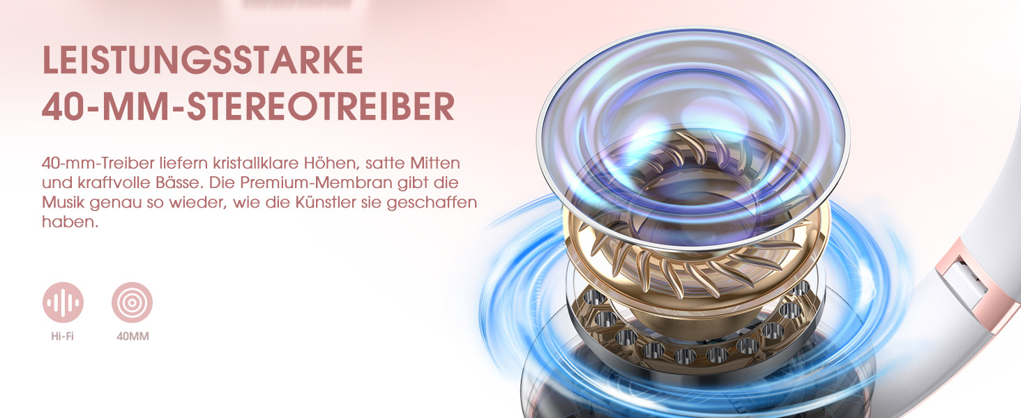 Бездротові навушники Uliptz Over-Ear Bluetooth з 65 годинами роботи, 6 EQ-режимів, HiFi стерео, складні, для подорожей/офісу/телефону/ПК (Рожеве золото)