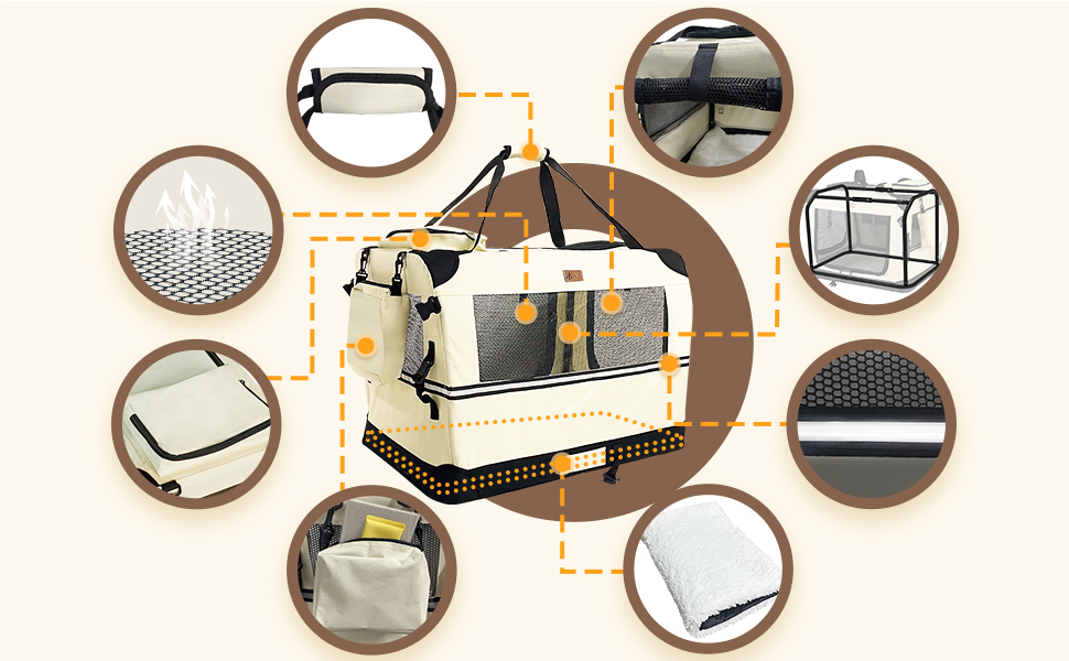 Транспортна переноска для собак та котів VOUNOT, складана, 82x60x60 см XL, з металевим каркасом та ручками, сітка, дихаюча, бежева