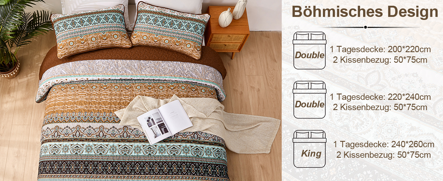 Покривало WONGS BEDDING 220x240 см Boho, стьобане, мікрофібра, 3 предмети: покривало та 2 наволочки 50x70, для двоспального ліжка, коричневе, для спальні чи дивана