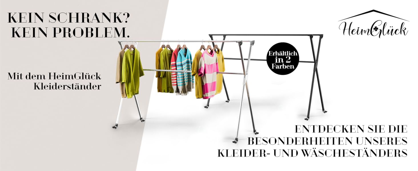 Clothes Rack / Laundry Rack + Bag Moritz [Extendable 1.30-2.0m, foldable, very stable stainless steel] Clothes Rail, Coat Rack, Entrance Hall Wardrobe, Open Wardrobe (Black, with hooks / with bag / with wheels)