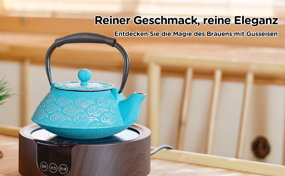 Cast iron teapot, Japanese teapot with infuser for loose tea, 800ml teapot suitable for stovetops, with enameled interior coating, cloud pattern, 27oz Green (Sky-blue)