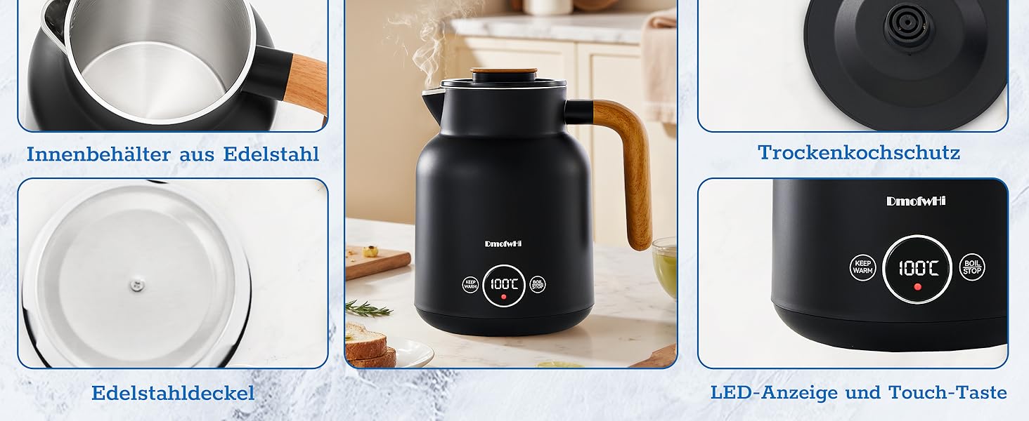 Електричний чайник з регулюванням температури DmofwHi, 1.0л, 1000W, з LED-індикатором, подвійні стінки, без BPA, автоматичне вимкнення та захист від сухого кип'яття (чорний)