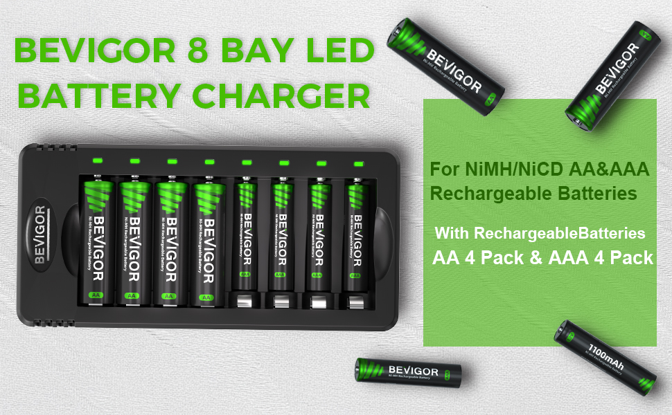 Набір акумуляторів AA NI-MH 8 шт. + зарядний пристрій 8 позицій Bevigor: 8 AA + 4 AAA