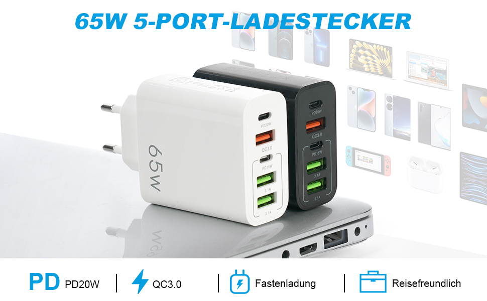Мережевий адаптер AXFEE 65W 5-портовий з USB-C та USB-A, швидка зарядка PD 3.0 для iPhone 14 Pro Max 13, білий