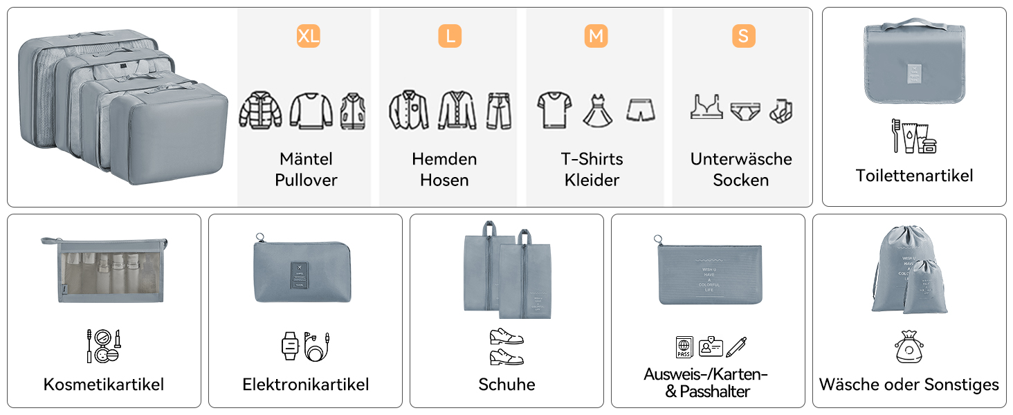 Органайзер для валізи Chijoo (12 шт, чорний) – набір кубиків для пакування, аксесуари для подорожей (сірий)