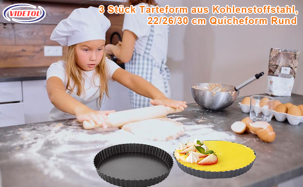 Форми для тартів з підйомним дном, 3 шт. (22/26/30 см), антипригарне покриття, з нержавіючої сталі, для випікання тартів, кιςів та пирогів