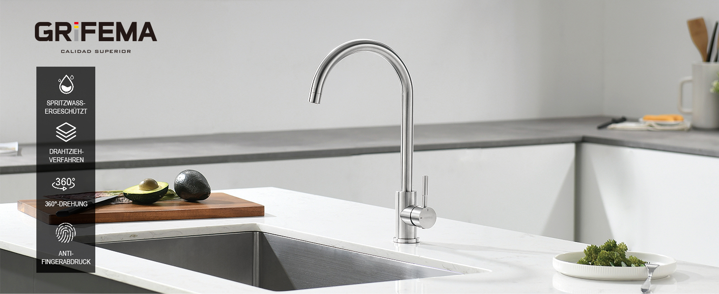 Змішувач кухонний GRIFEMA з високим вигином, поворотний 360°, з двома струменями, з нержавіючої сталі, сірий, енергоклас A+ (без душа)