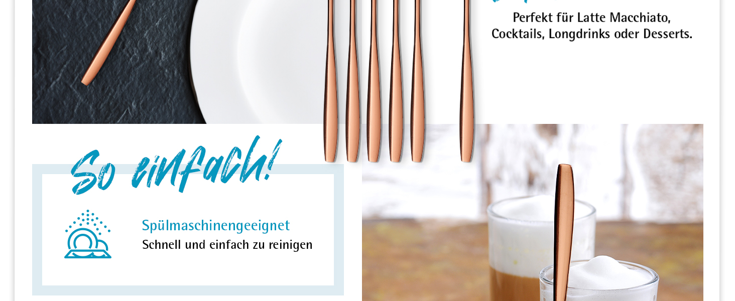 Ложка для кави, десертів та айс-ті з нержавіючої сталі GRÄWE, довга, червоне золото, для миття в посудомийній машині