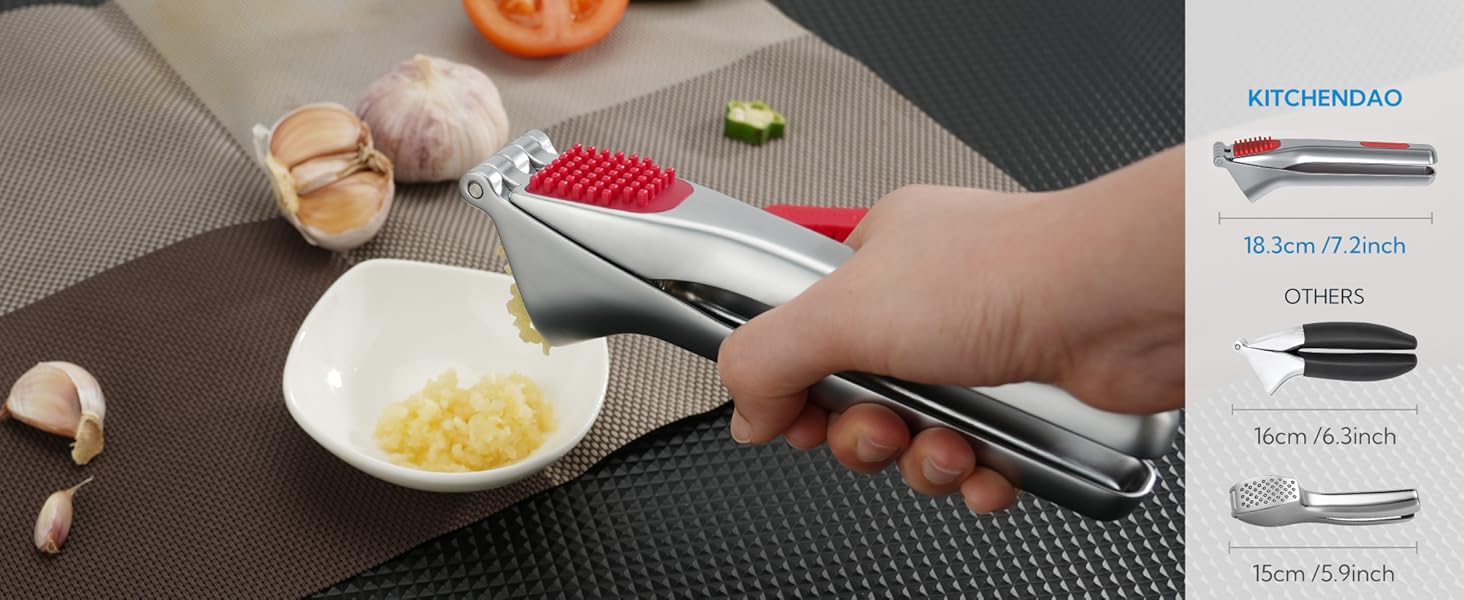 Професійний прес для часнику KITCHENDAO з контейнером, скребком та очищувачем, цинковий подрібнювач часнику (без очищення), сріблястий
