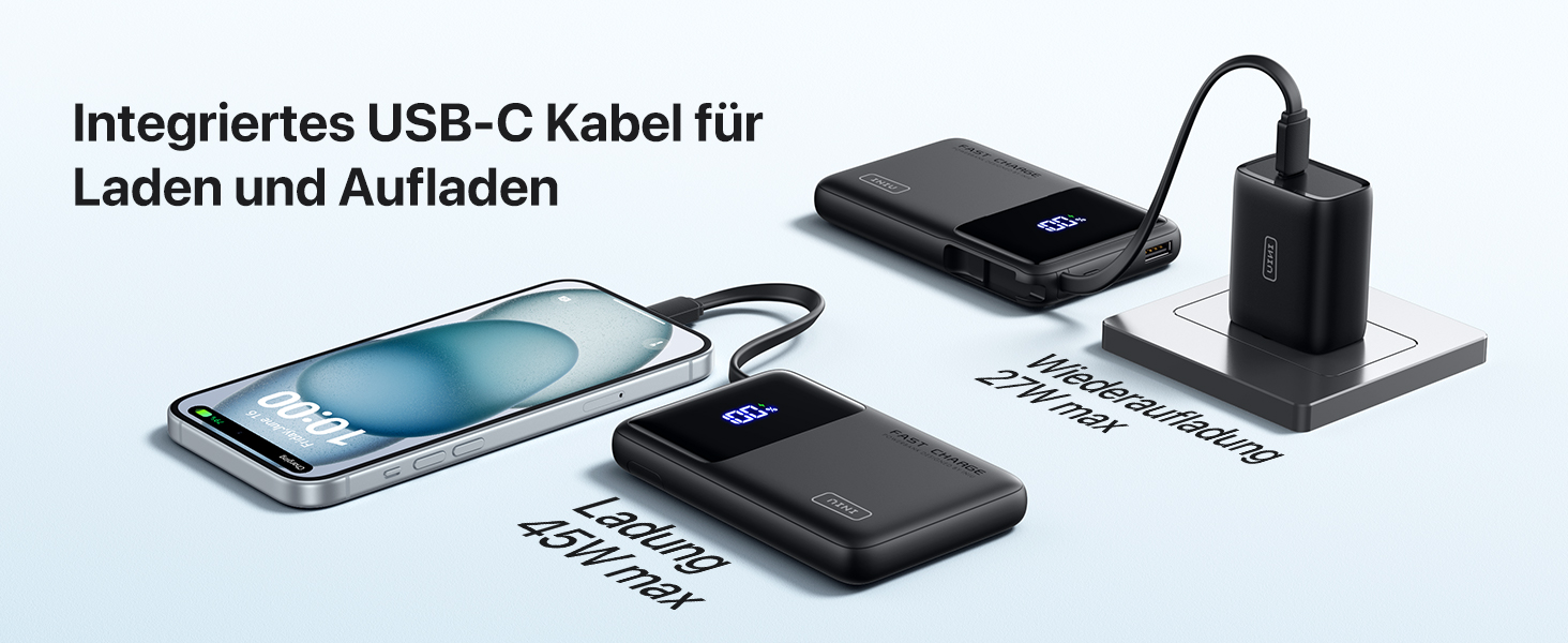 Повербанк INIU 45W 10000mAh з вбудованим кабелем USB-C, швидка зарядка для iPhone 16 17 Pro, Samsung S22, Xiaomi, iPad, чорний