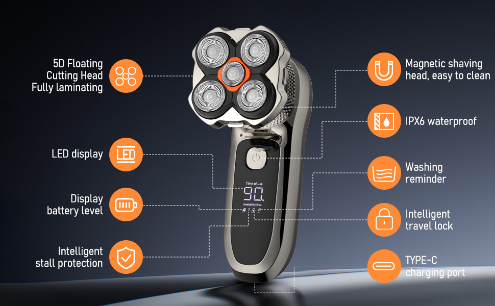 Електричний гоління для чоловіків Glatzen 6-в-1 з тримером для носа, для сухого та вологого гоління, USB-C, LED дисплей, IPX6