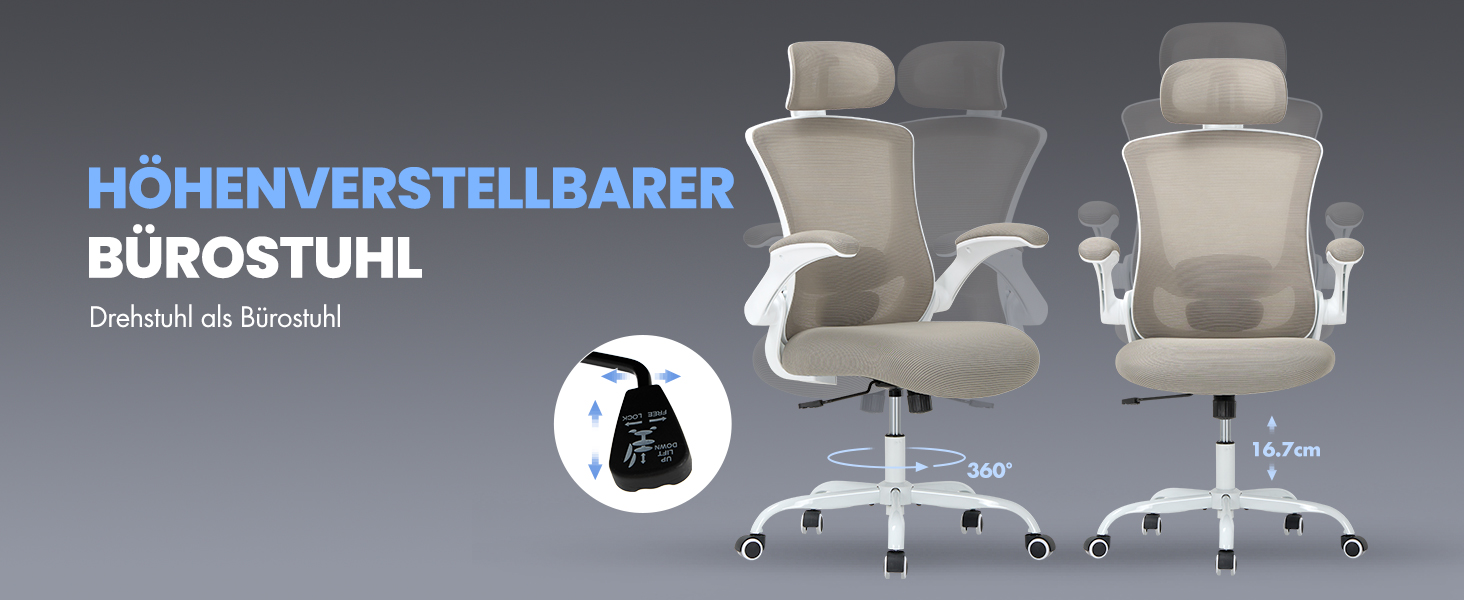 Офісне крісло Colamy Ergonomic з регульованою підголівником та поперековою підтримкою, Khaki